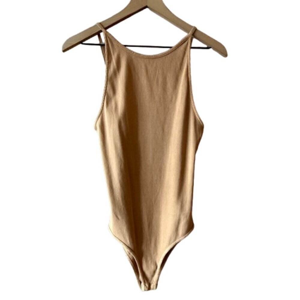 Women's M Zara Nude High Neck Ribbed Bodysuit